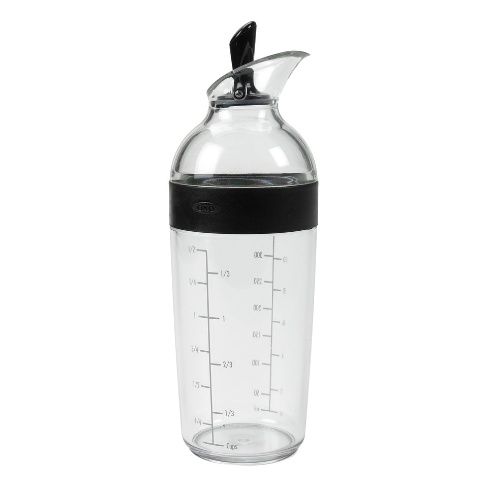 OXO Good Grips Salad Dressing Shaker front view with clear measurement marks for easy mixing.