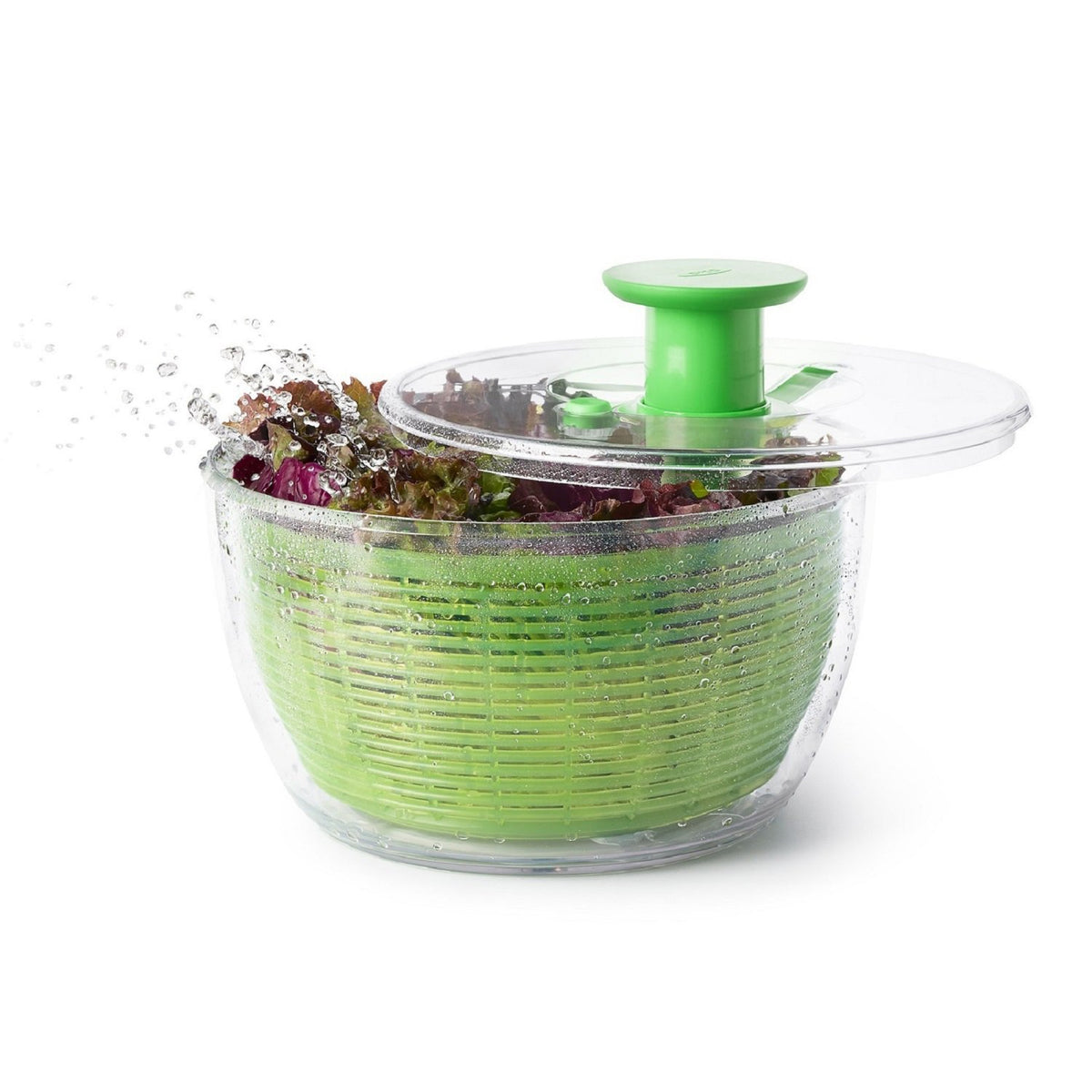 OXO Good Grips Salad Spinner large green pump enables easy one-handed operation.