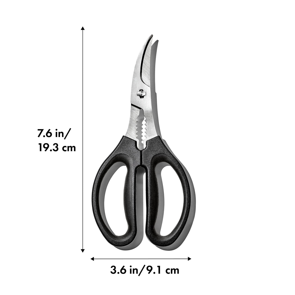 OXO Good Grips Seafood Scissors curved design closeup for lobster tails, helps tackle curved shells.