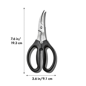 OXO Good Grips Seafood Scissors curved design closeup for lobster tails, helps tackle curved shells.