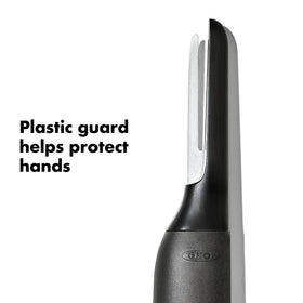 OXO Shrimp Deveiner guard detail protects hands while peeling slippery shrimp.