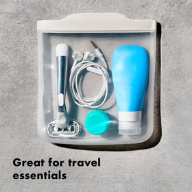 OXO Good Grips flat silicone bag stacked in fridge saves space.