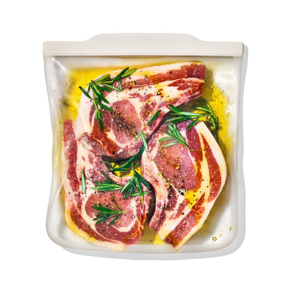 OXO Good Grips silicone gallon bag opened for easy filling and sealing.