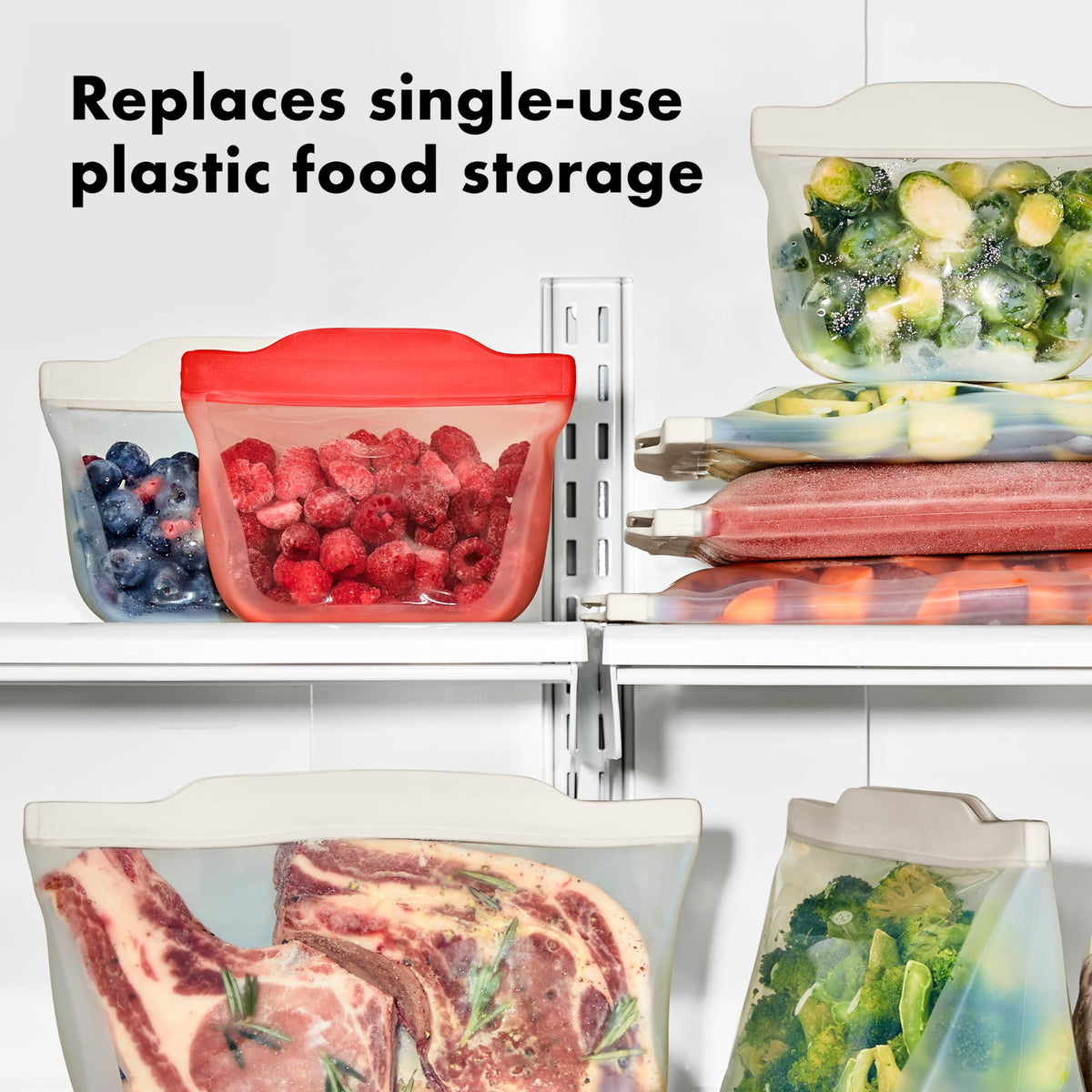 OXO Good Grips stand-up silicone bag keeps snacks upright for quick access.