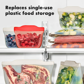 OXO Good Grips stand-up silicone bag keeps snacks upright for quick access.