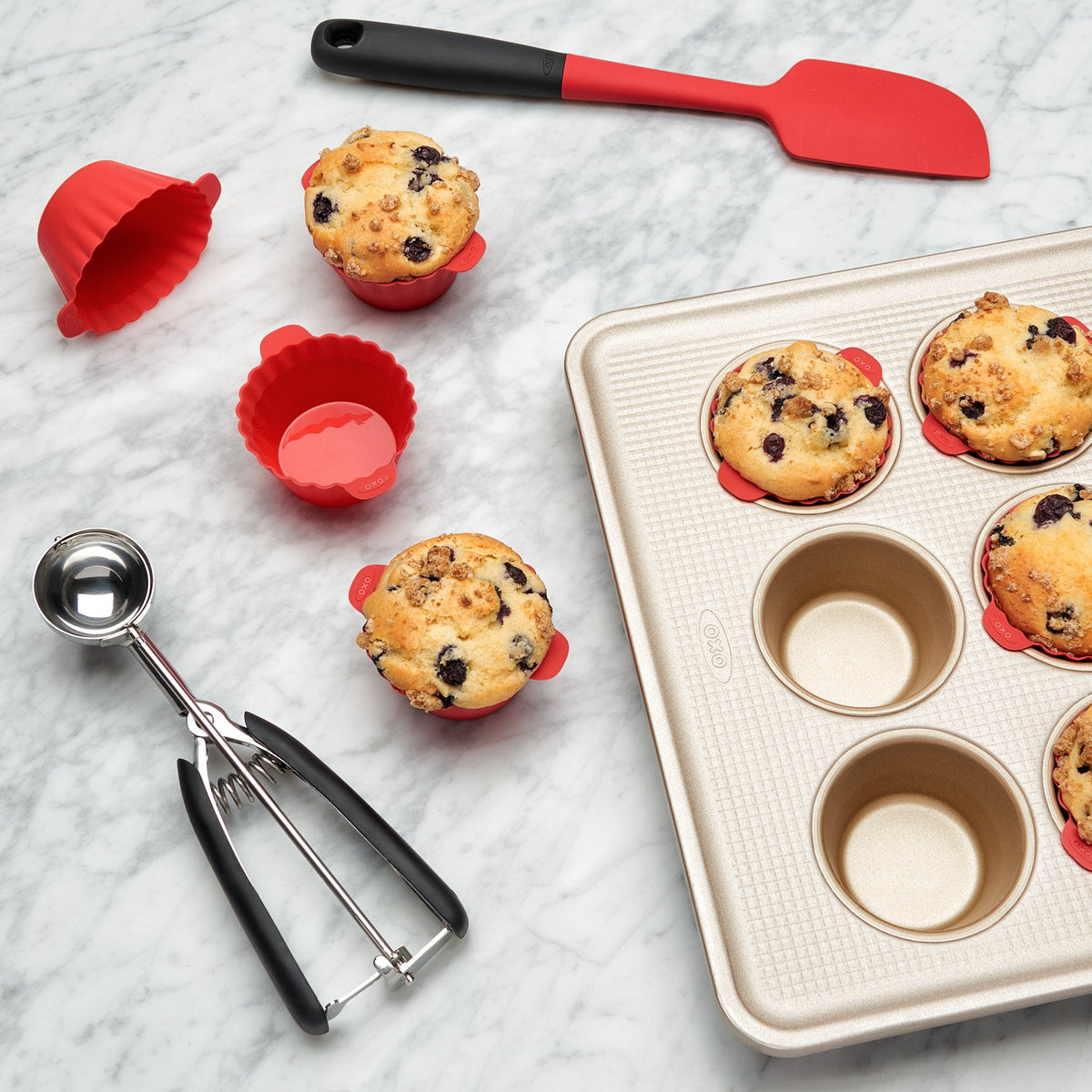 OXO Good Grips silicone baking cups BPA-free material for family-friendly baking.