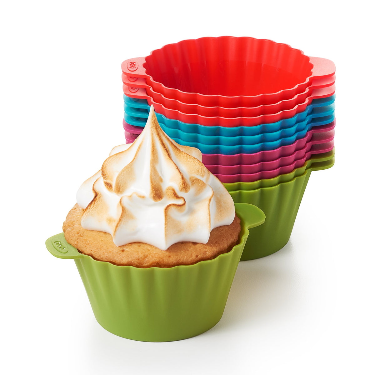 OXO Good Grips silicone baking cups on muffin tin for easy release and uniform cupcakes.