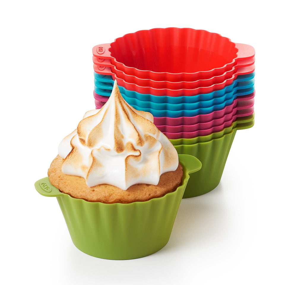 OXO Good Grips silicone baking cups on muffin tin for easy release and uniform cupcakes.