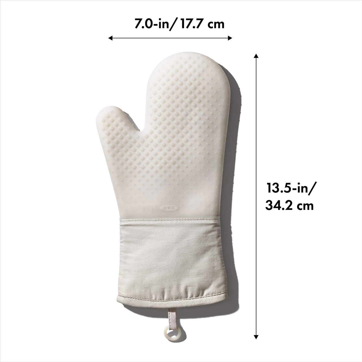 OXO Good Grips silicone oven mitt, oat color, non-slip grip for safe handling.