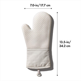 OXO Good Grips silicone oven mitt, oat color, non-slip grip for safe handling.