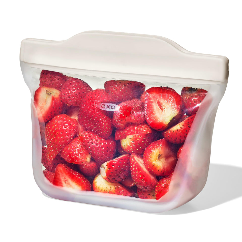 OXO Good Grips stand-up snack bag (12 oz) in oat color for portable grazing.