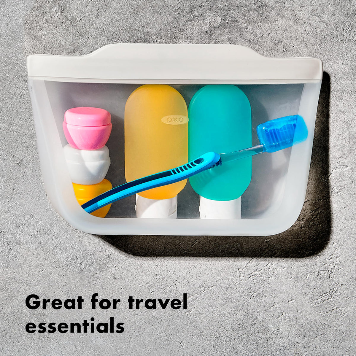 OXO Good Grips silicone bag with wide opening for easy filling and cleaning.