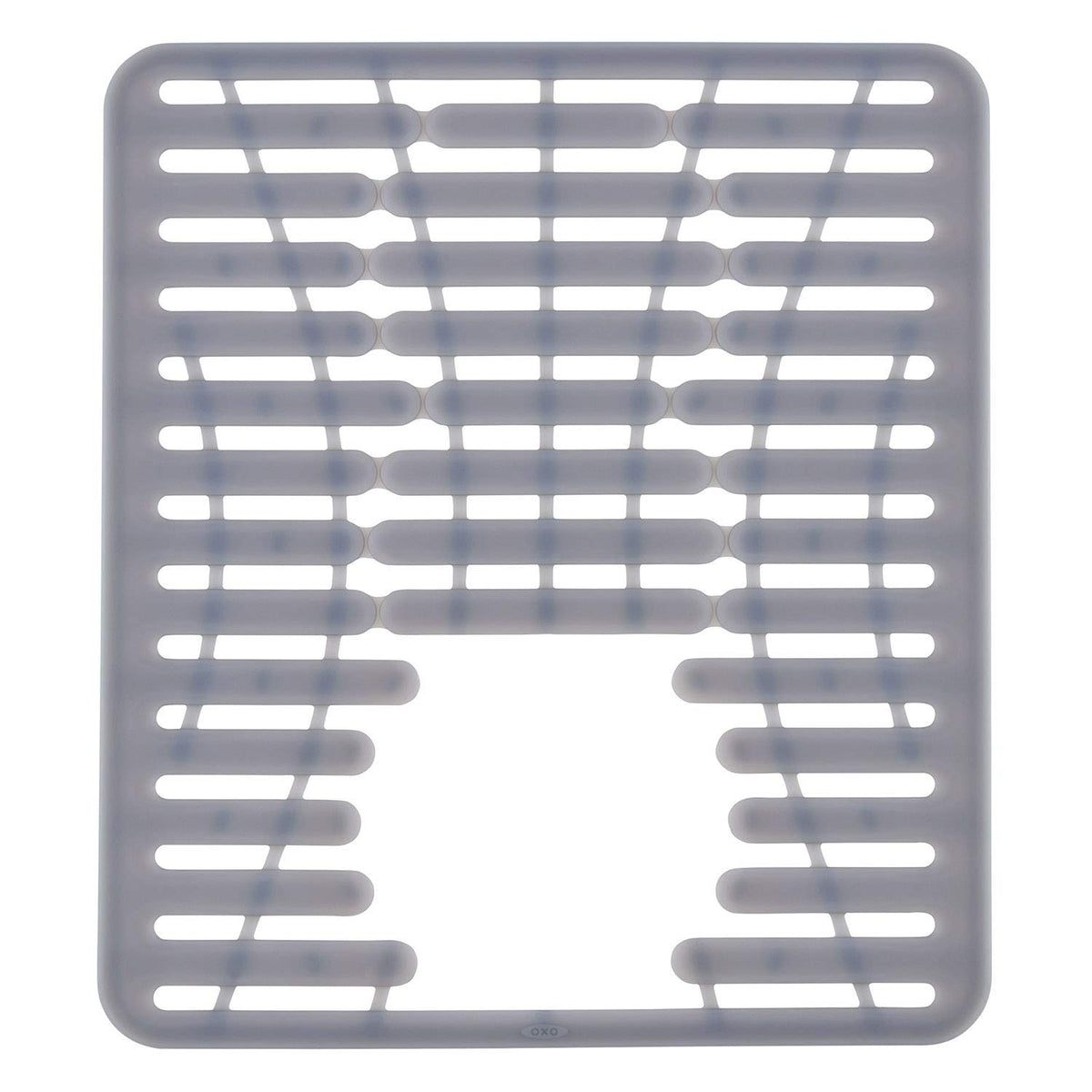 OXO silicone sink mat with elevated feet promotes drainage and airflow under dishes