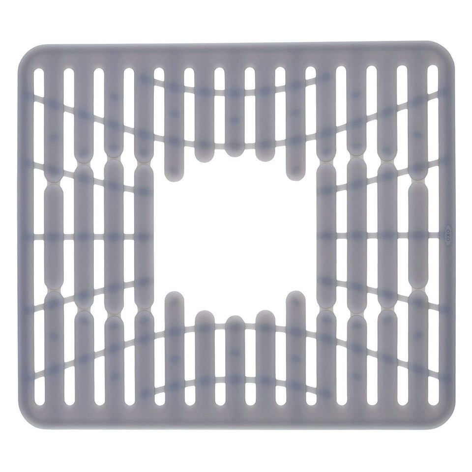 OXO Good Grips silicone sink mat cushions delicate items in small silver sink