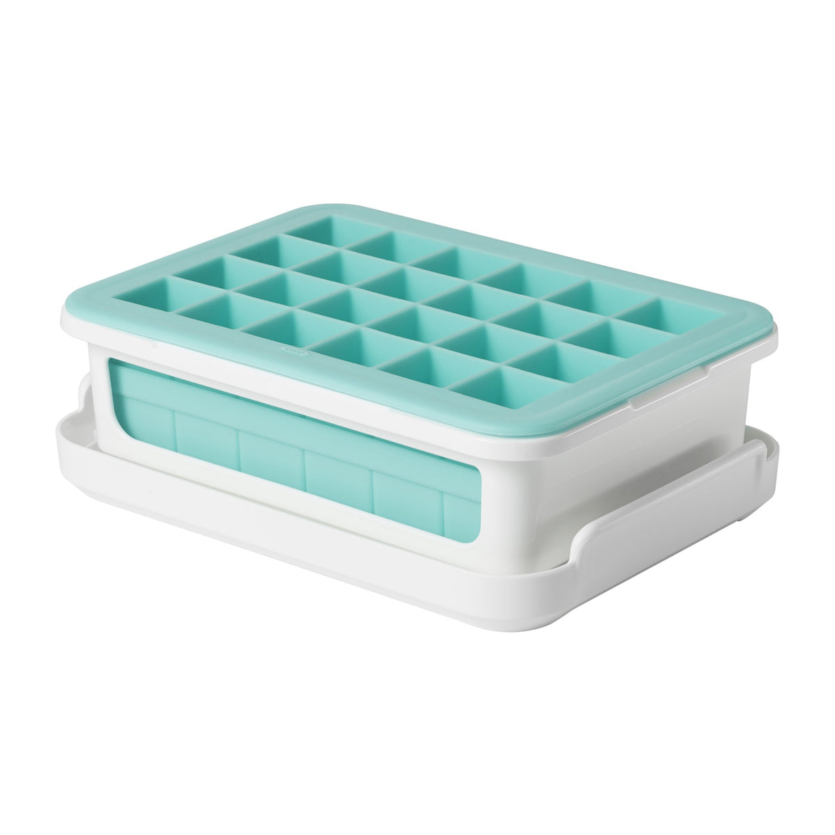 OXO Good Grips silicone small ice cube tray with lid shows easy-release cubes