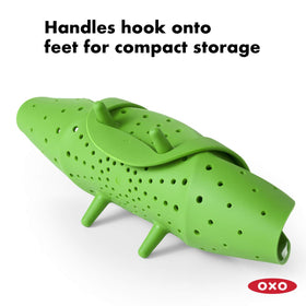 Oxo Good Grips silicone steamer in pot on stove for even steaming.