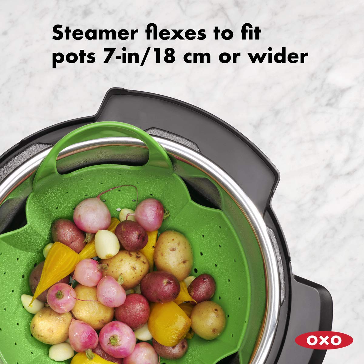 Oxo Good Grips steamer top view highlights flexible pleats for pots.