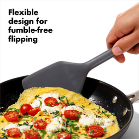 OXO Good Grips silicone utensils dishwasher-safe design for easy cleanup.