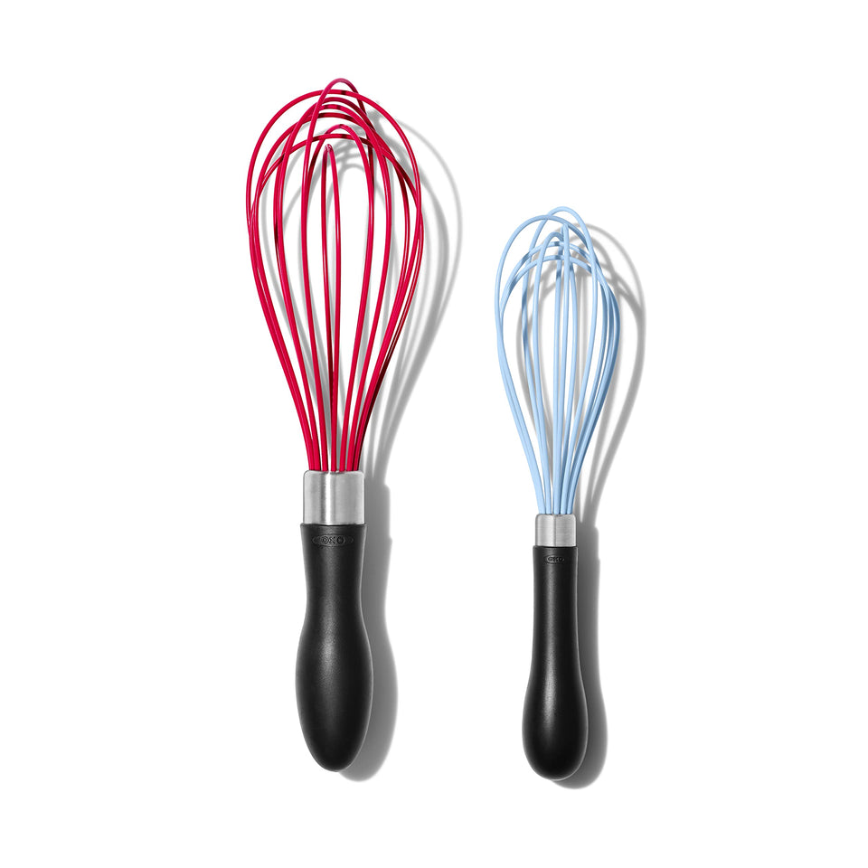 OXO Good Grips 9-inch silicone whisk for delicate eggs and dressings.