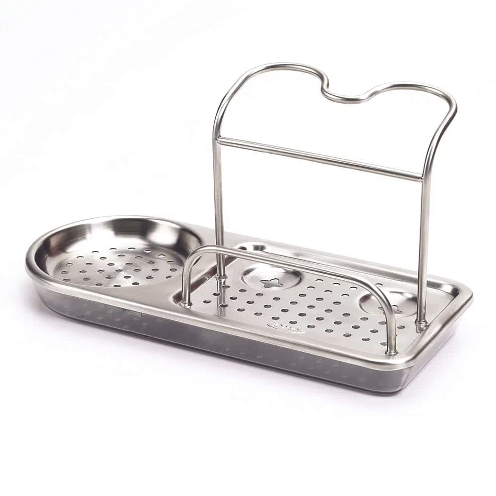 OXO Good Grips sink caddy in gray front view organizing sponges and brushes.