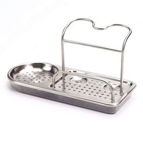 OXO Good Grips sink caddy in gray front view organizing sponges and brushes.
