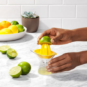 The 2.5 oz cup of OXO Good Grips Small Citrus Juicer features clear markings.