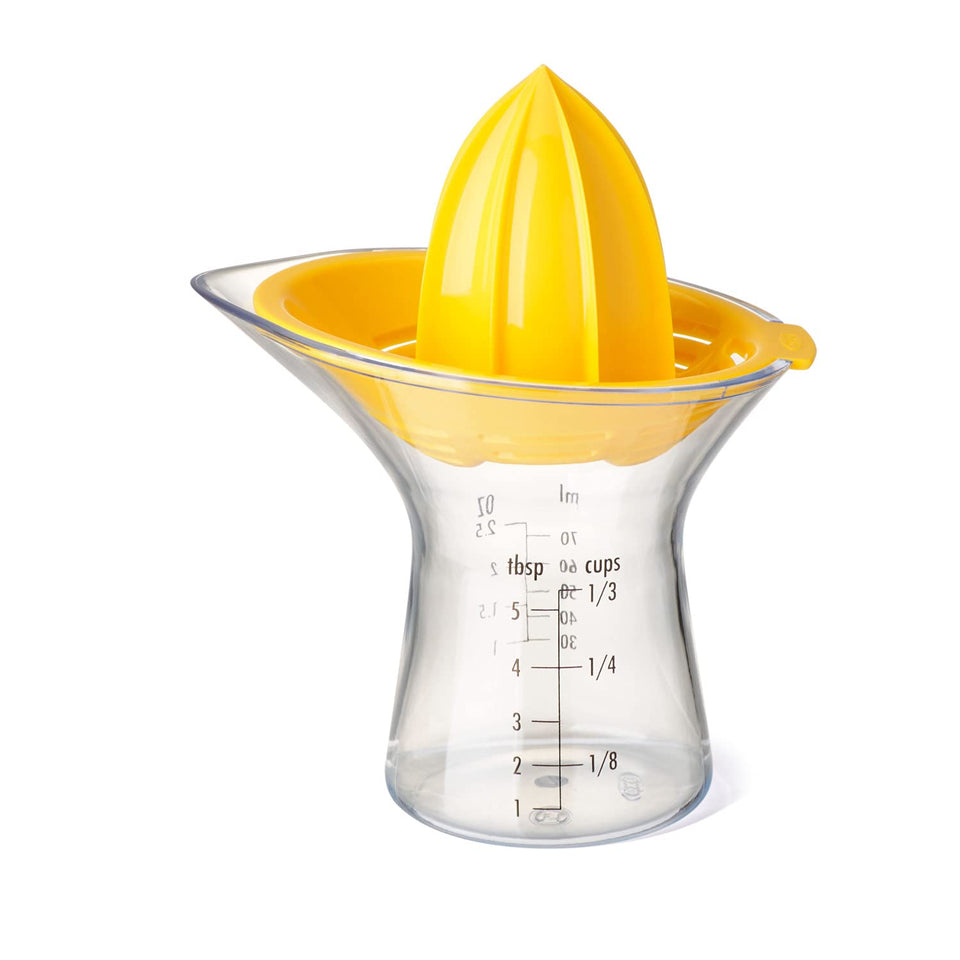 OXO Good Grips Small Citrus Juicer with measuring cup for precise juice amounts.