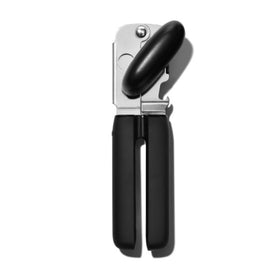OXO Good Grips soft-handled can opener close-up highlighting ergonomic grip for easier opening.