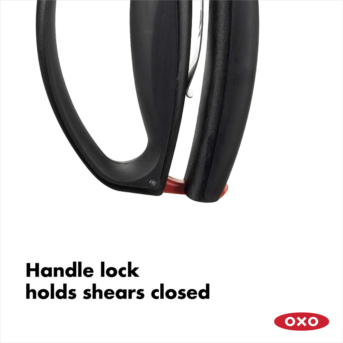 OXO Good Grips poultry shears blade-lock keeps blades closed for safe storage.