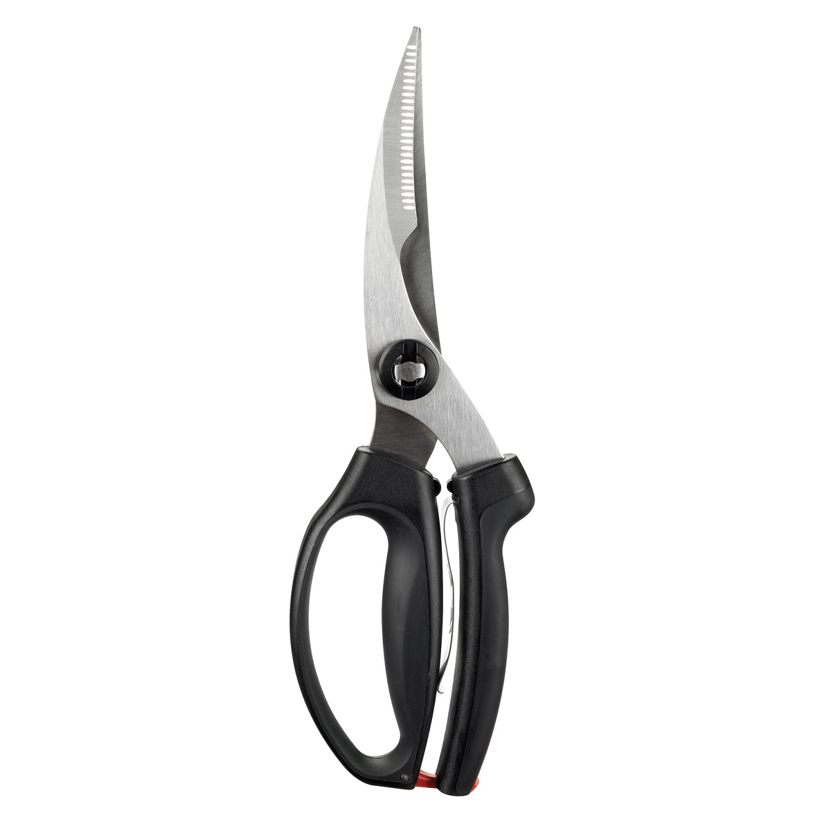 OXO Good Grips poultry shears blades close-up for precise trimming and clean cuts.