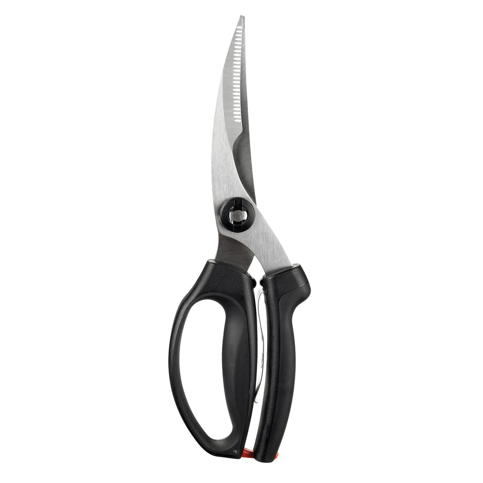 OXO Good Grips poultry shears blades close-up for precise trimming and clean cuts.