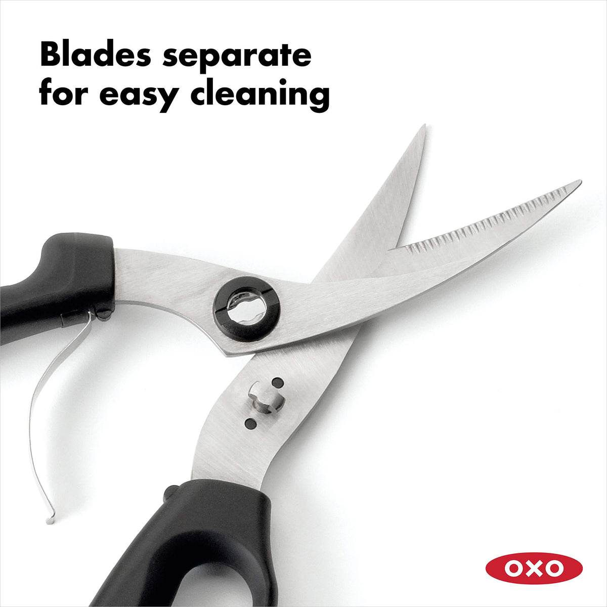 OXO Good Grips poultry shears handle loop and bolster prevent slipping.