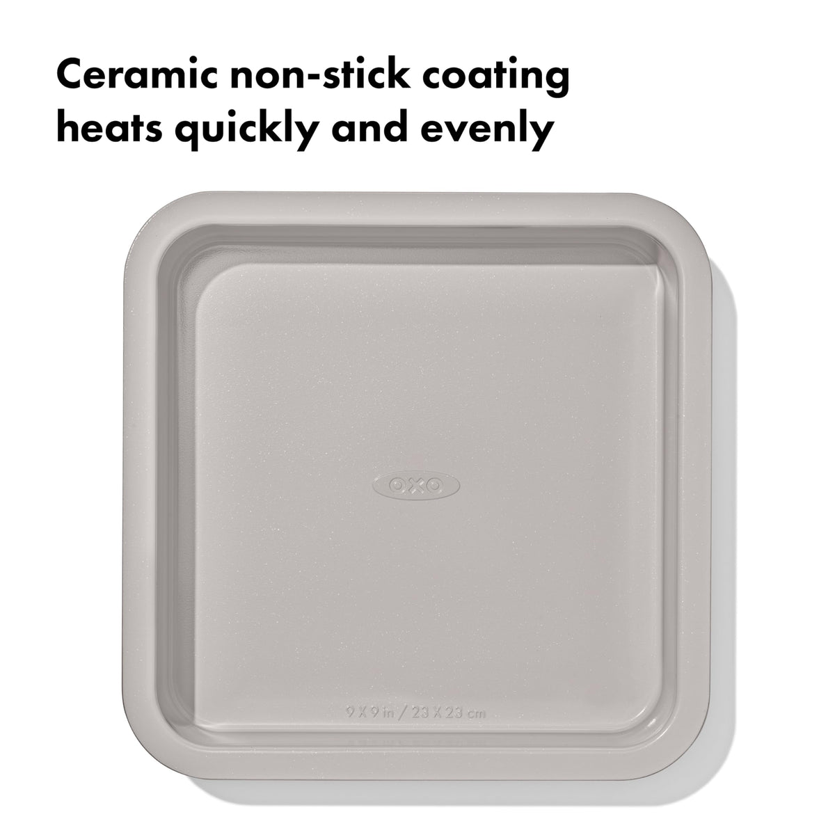 OXO Good Grips square rolled-edge cake pan, angle shows structure and durability.