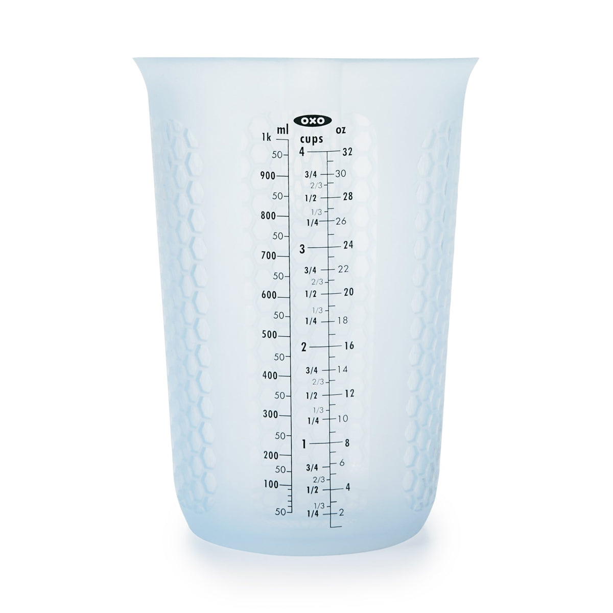 OXO Good Grips silicone measuring cup squeeze-pour for precise butter pouring.
