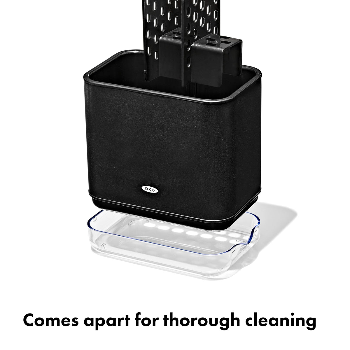 OXO Good Grips sink caddy drip tray with pour spout for easy water drainage.