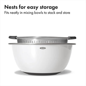 OXO Good Grips colander fits inside OXO mixing bowls for space saving.