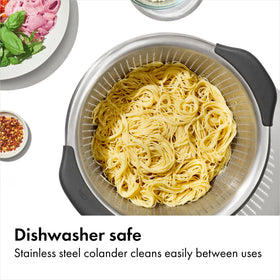 OXO Good Grips colander draining pasta efficiently.