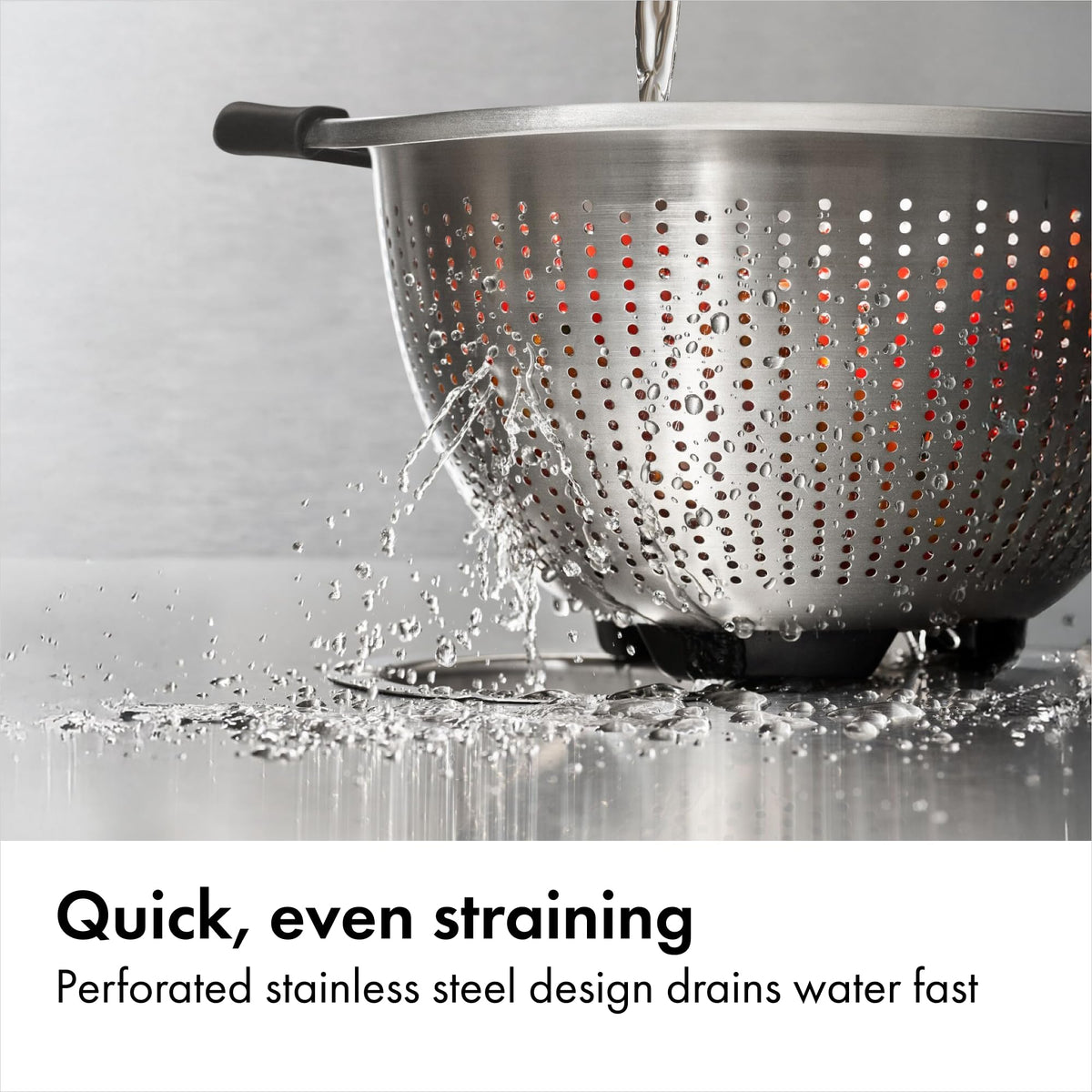 OXO Good Grips colander nests inside mixing bowls for compact storage.