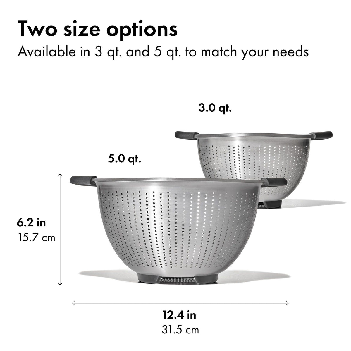 OXO Good Grips colander rinsing vegetables with sturdy build.