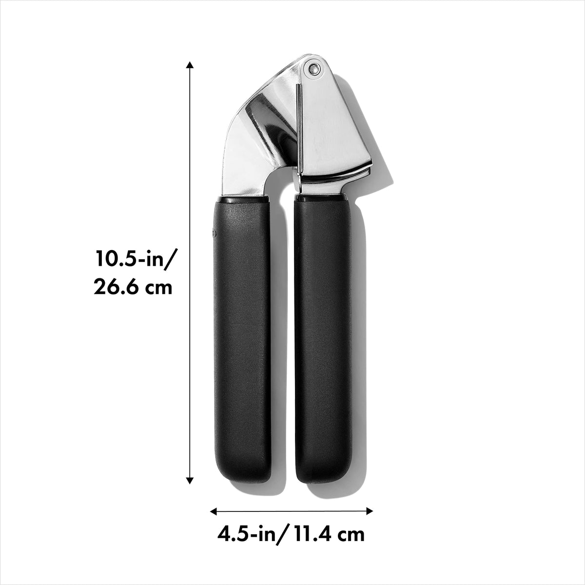 Large-capacity hopper on the OXO garlic press enables pressing multiple cloves at once.