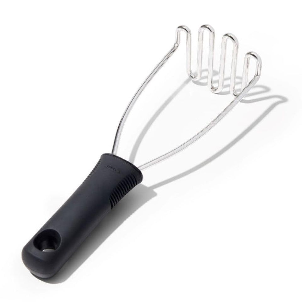 OXO Good Grips stainless steel masher head for durable potato mashing.