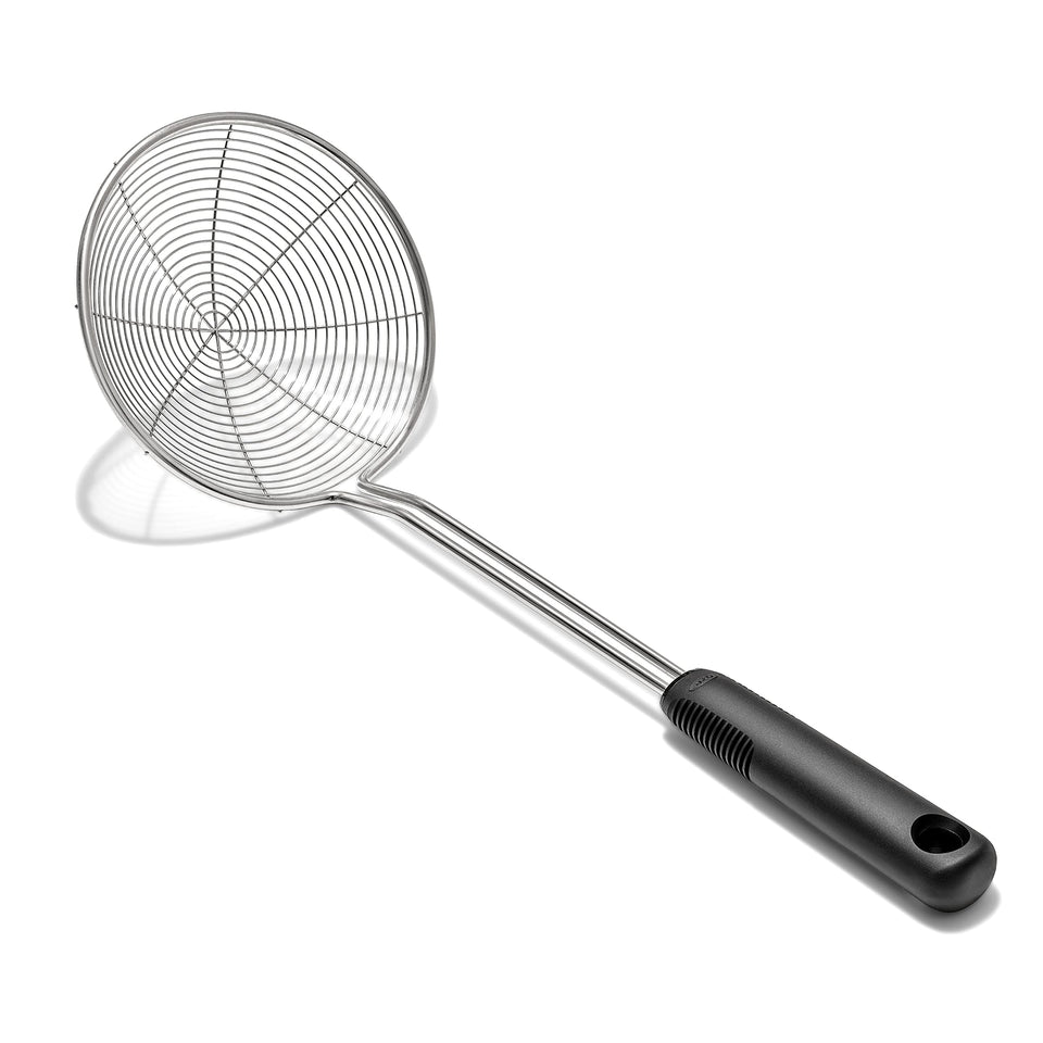 OXO Good Grips stainless steel spider scoop strainer for gentle lifting of pasta