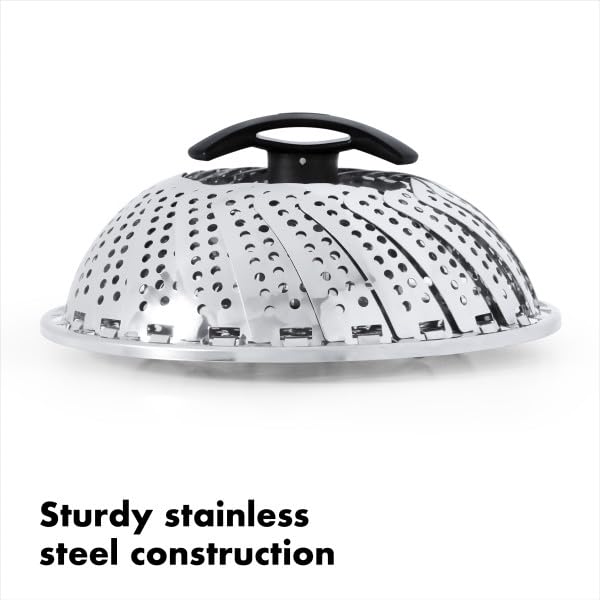 OXO Good Grips steamer with retracted handle fits under pot lids during steaming