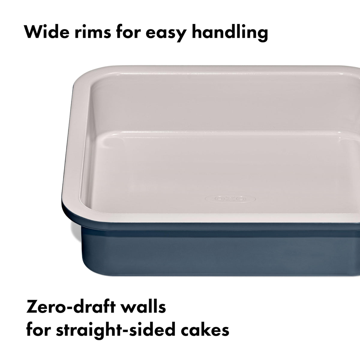 OXO Good Grips storm blue pan, wide rim and grip for secure handling.