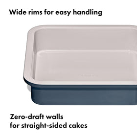OXO Good Grips storm blue pan, wide rim and grip for secure handling.