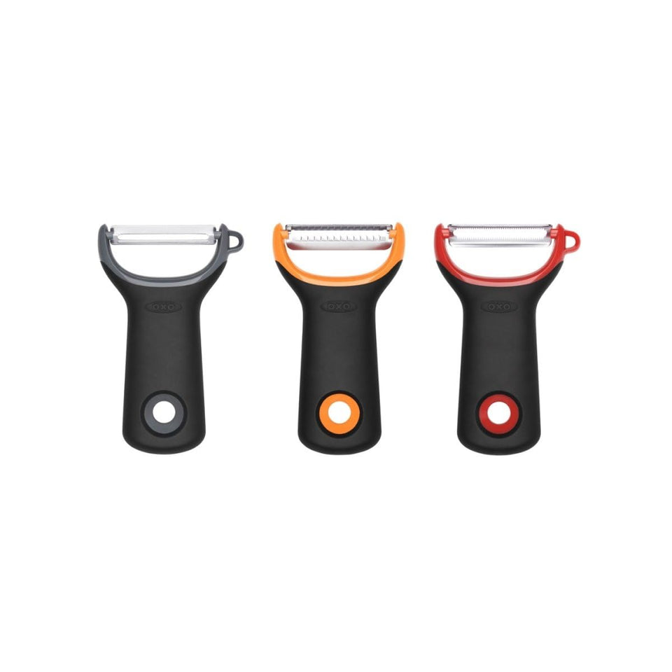 OXO Good Grips straight peeler with a non-slip handle for precise, easy peeling.