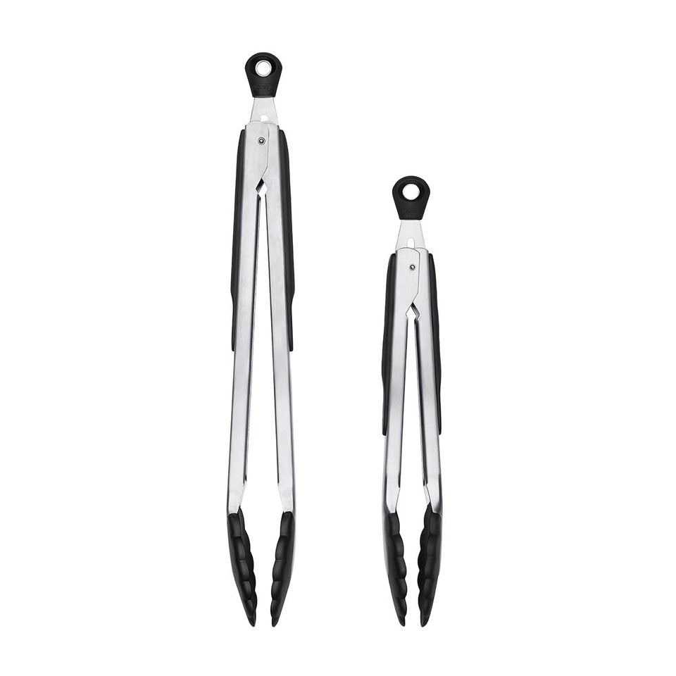 OXO Good Grips 12-inch tongs with nylon heads for versatile cooking and serving.