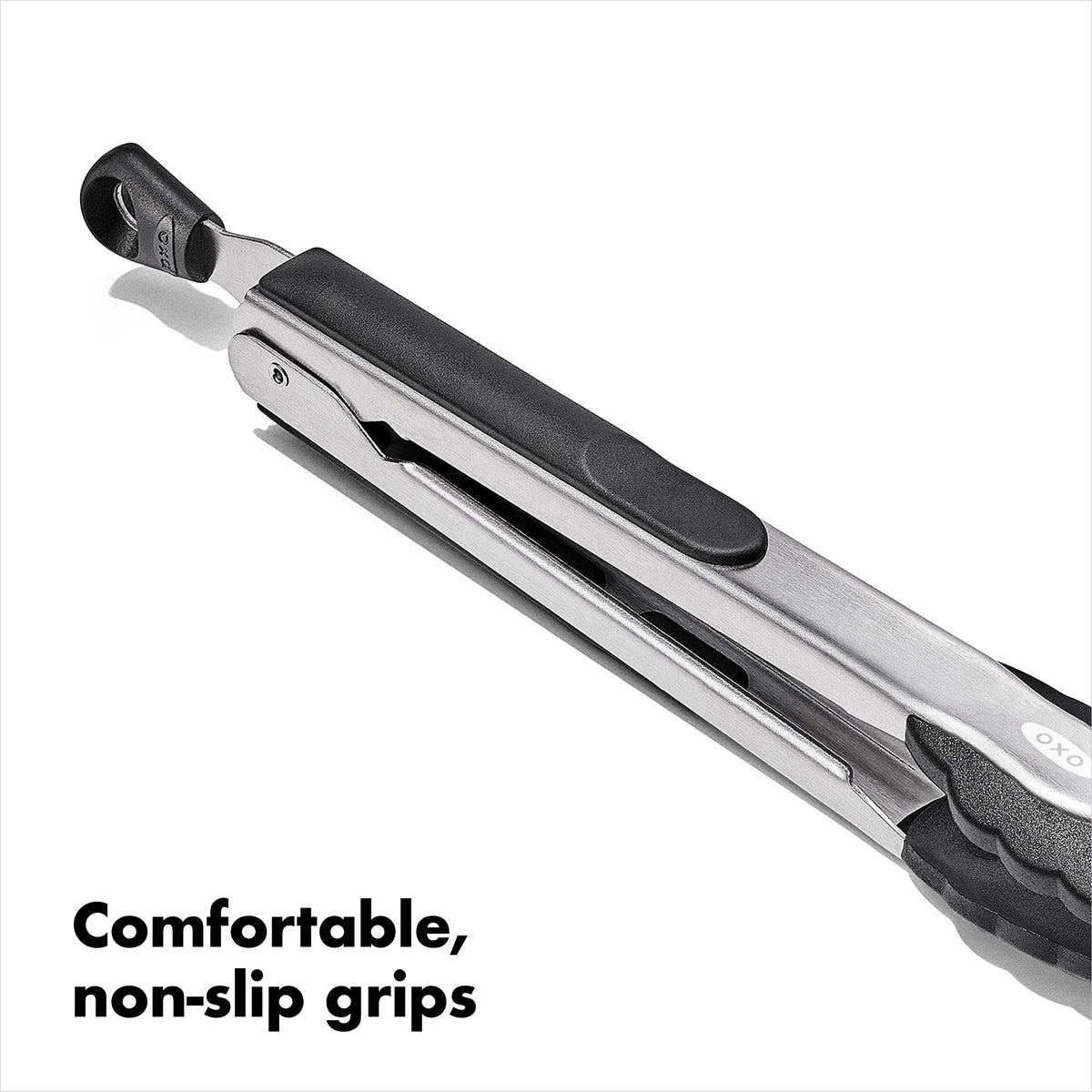 OXO Good Grips locking mechanism keeps tongs compact for storage.