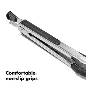 OXO Good Grips locking mechanism keeps tongs compact for storage.