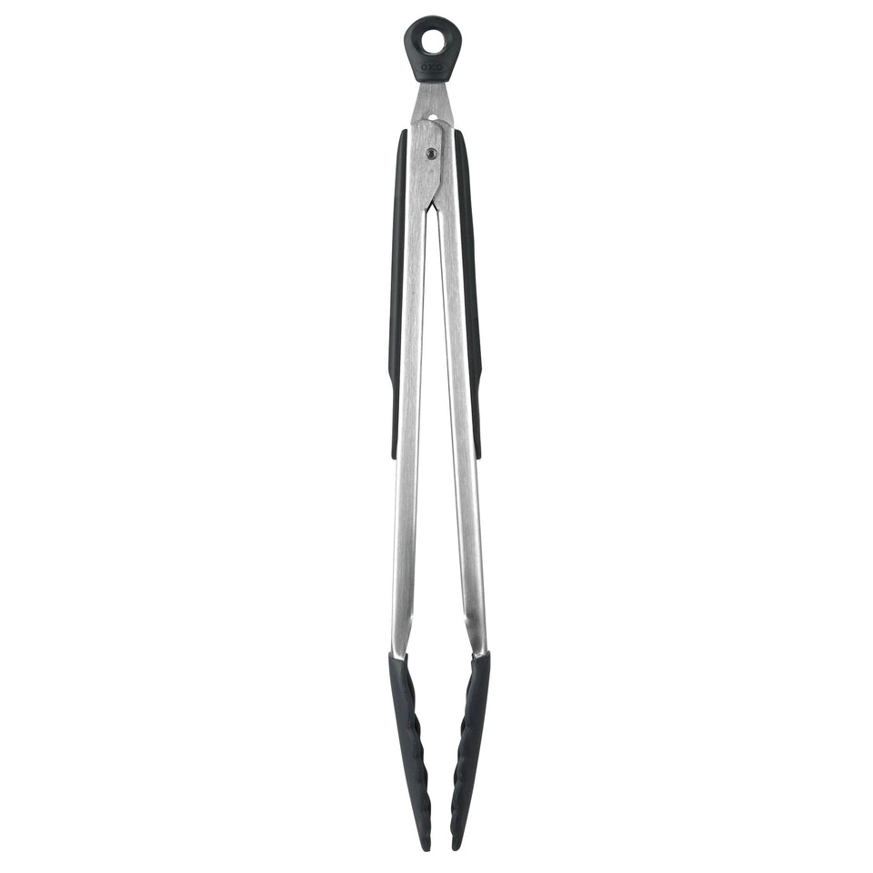 OXO Good Grips silicone-head tongs close-up for non-stick safety
